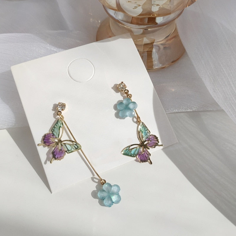 Fashion Asymmetric Hollow Butterfly Tassel Drop Earrings For Women Shiny Zircon Opal Tulip Flower Dangle Earrings Girls Jewelry