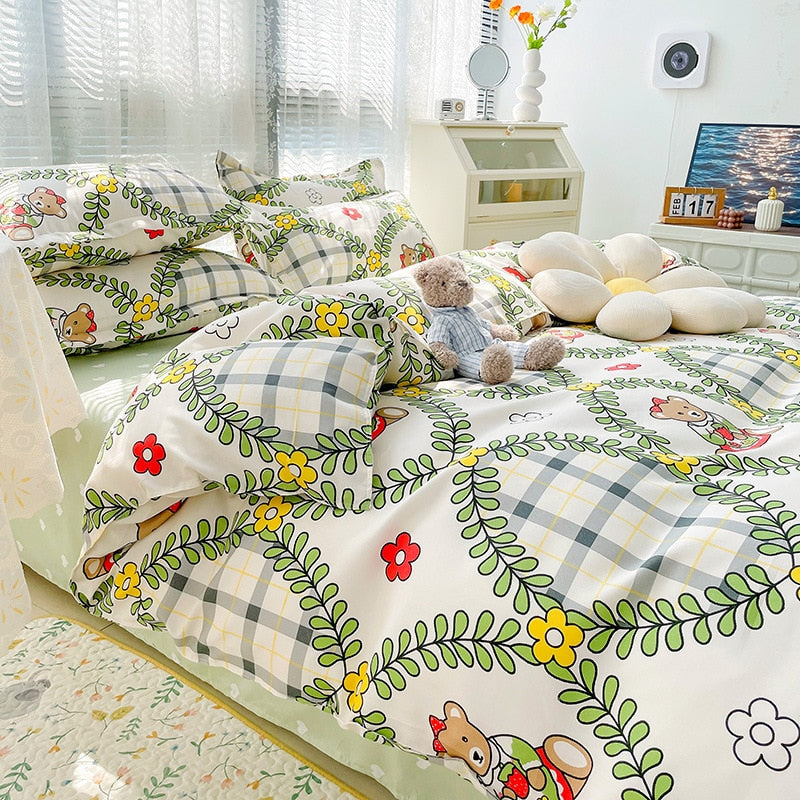 New Cartoon Foral Print Polyester Bedding Set Full Size Soft Thicken Duvet Cover Set with Flat Sheet Quilt Cover and Pillowcase