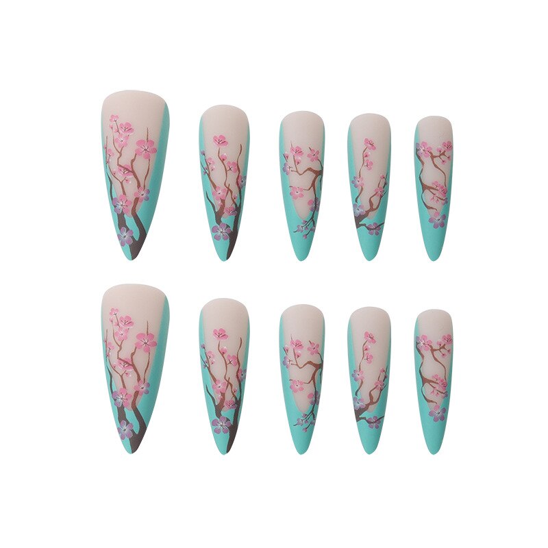 Tiffany Blue Retro Wintersweet Long Stiletto Nails Kit With Glue Chinese Design Flower French Fake False Plum Box Nail Tips 2022