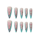 Tiffany Blue Retro Wintersweet Long Stiletto Nails Kit With Glue Chinese Design Flower French Fake False Plum Box Nail Tips 2022