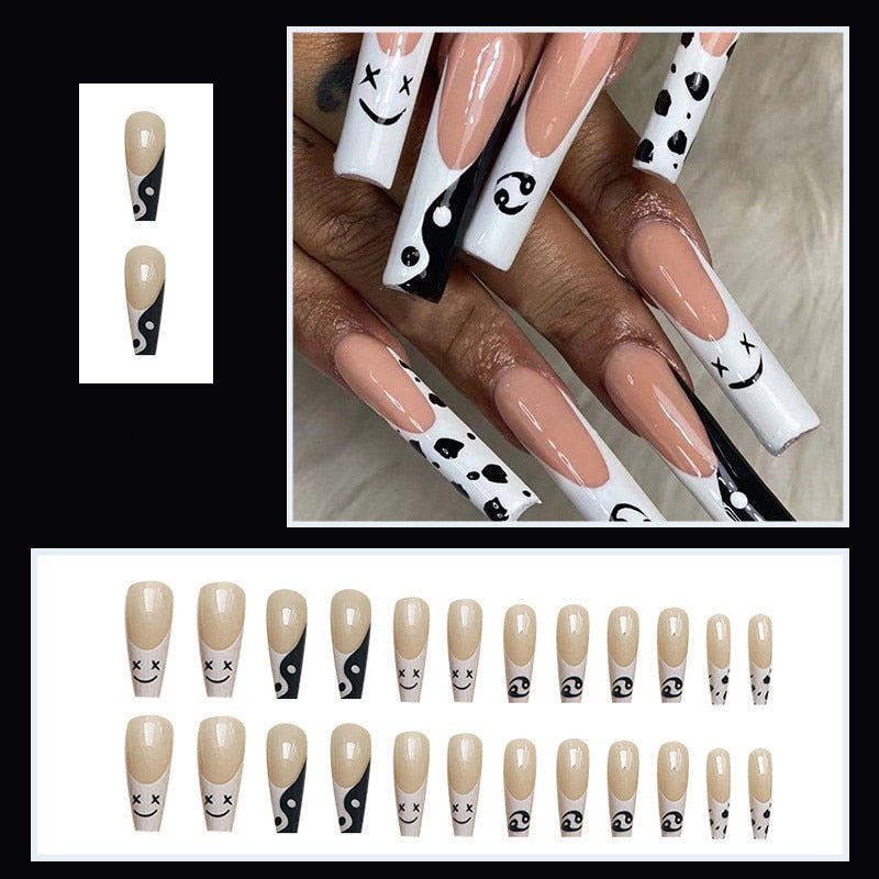 Pink Cow Design False Nail French Full Cover Long Coffin Fake Nails Glue DIY Manicure Nail Art Tools press on nails nail tips