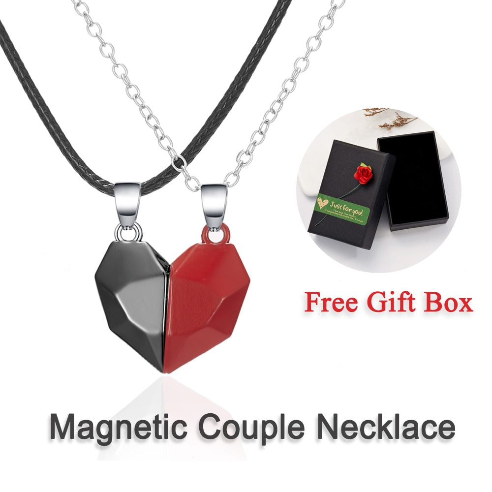 2Pcs/set Magnetic Couple Necklace Lovers Heart Black Red White Pendant Distance Faceted Charm Necklace Women Valentines Day Gift