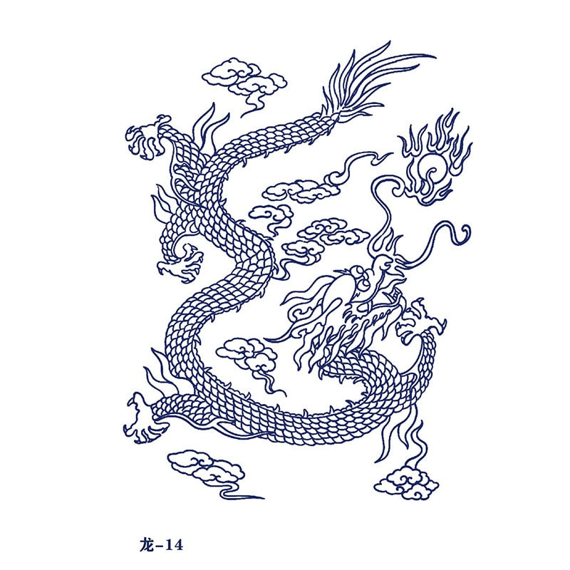 Waterproof Temporary Tattoo Sticker Japanese Style Black White Flame Dragon Body Art Fake Tattoo Flash Tattoo Arm Female Male