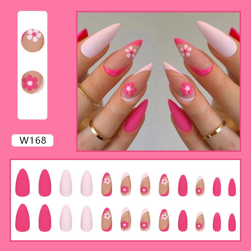 Frosted Pink Flower Short Nail Tips Almond Shaped Full Cover Fake False Tip Press On Nails Acrylic Removable Nail Art Tips-24pcs