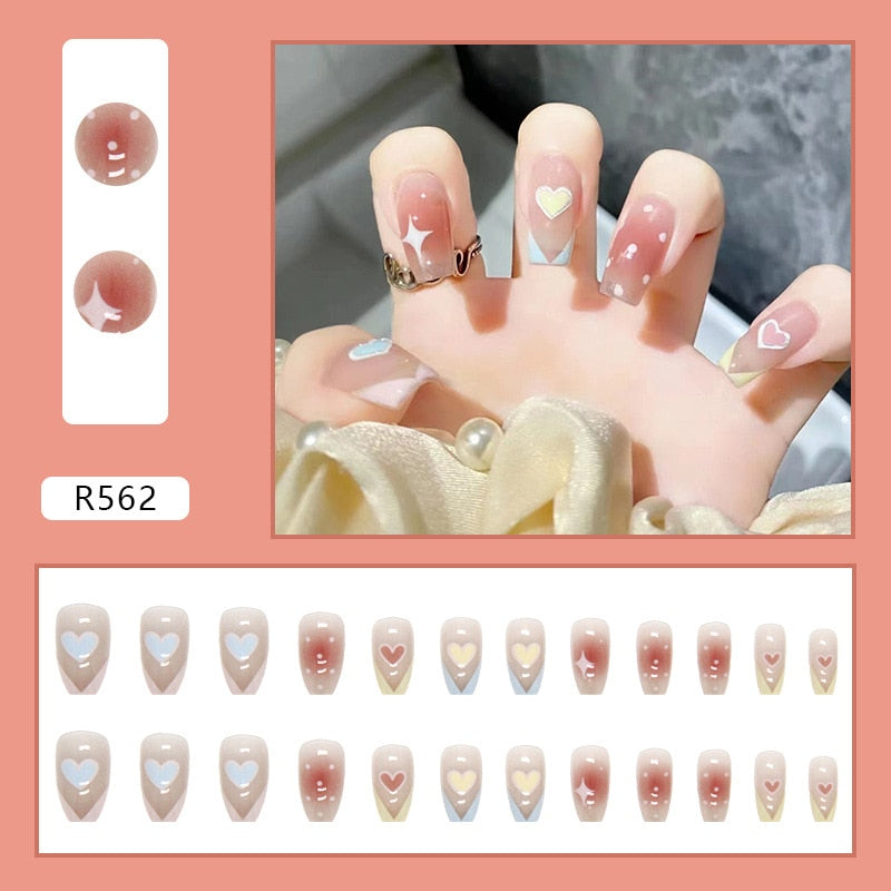 24Pcs/Set Short False Press on Nail Tip with Glue Designs Detachable Reusable Fake Nails with Glue Stick-on Nail Art DIY Tips