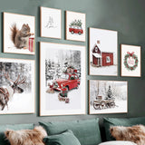 Christmas Red Car Home Elk Squirrel Wall Art Canvas Painting Holiday Living Room Decoration Posters And Prints Wall Pictures