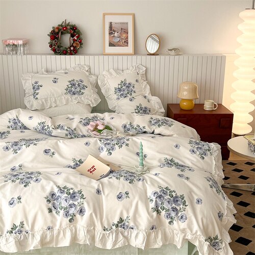 100% Cottom queen bedding set Romantic printed rose ruffle pink bedding set princess home textile linen bed sheet set twin size