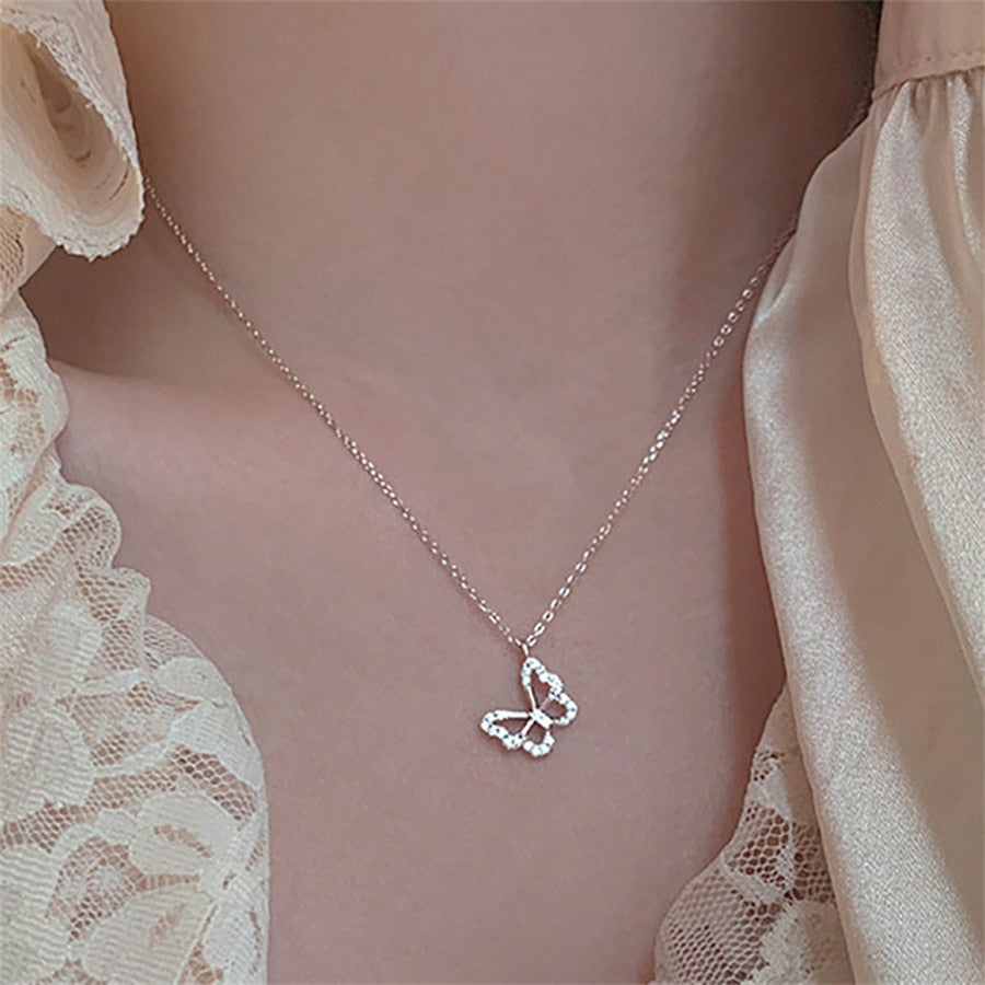 Double Layer Moonstone Tiny Love Heart Pendant Necklace Clavicle Chain For Women Trendy Cute Butterfly Choker Wedding Jewelry