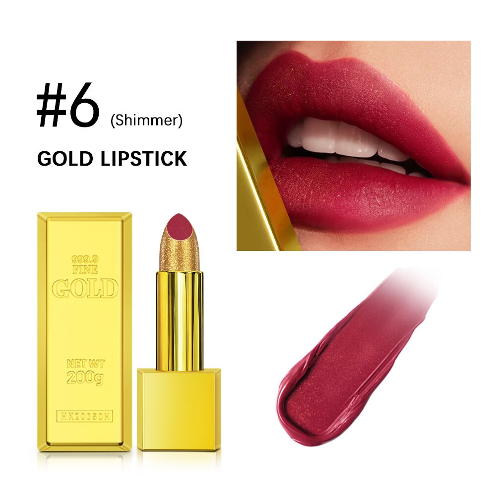 Glitter Gold Matte Lipstick Waterproof Long Lasting Diamonds Lipstick Non-stick Cup Pearl Red Pink Lip Tint Lips Makeup Cosmetic