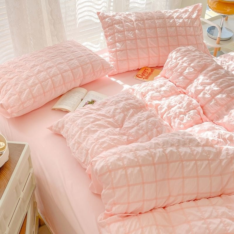 Korean Princess Pink Seersucker Bedding Kawaii Bed Skirt Duvet Cover Solid Color Queen Size Double Sheets Sets For Girls