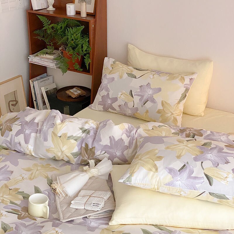 100% Cotton Lily Flower-covered Duvet Cover Single/Queen/King Size HomeTextile Bedsheet Quilt Cover Soft Luxury Bedding Set