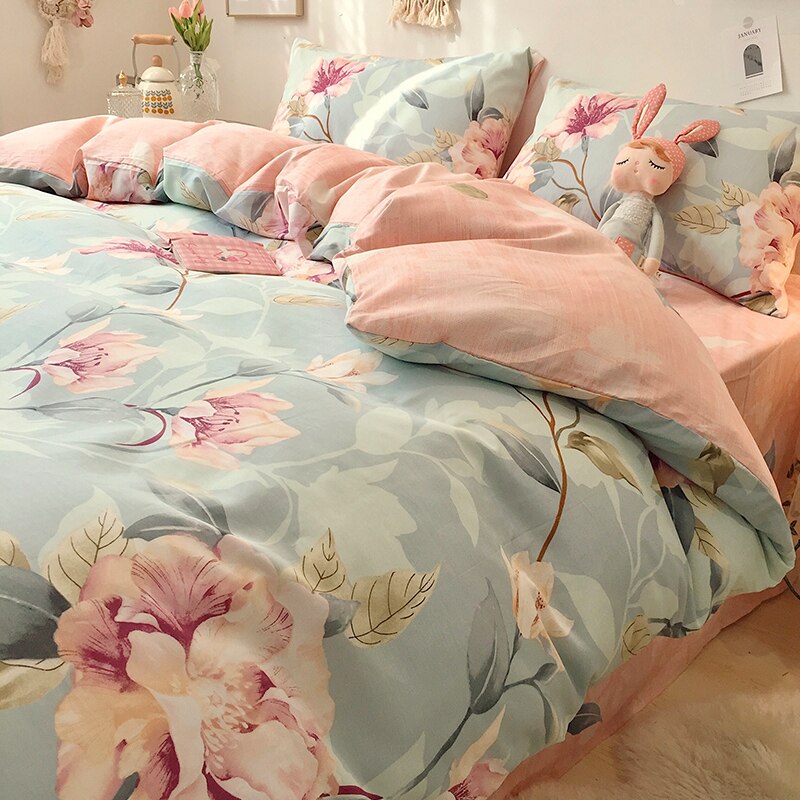 Vintage 100% Cotton Bed 4PCS Set of Textile Supplies Floral Luxury Pillowcase Sheet Quilt Cover 200x230cm Double Bed Single Bed