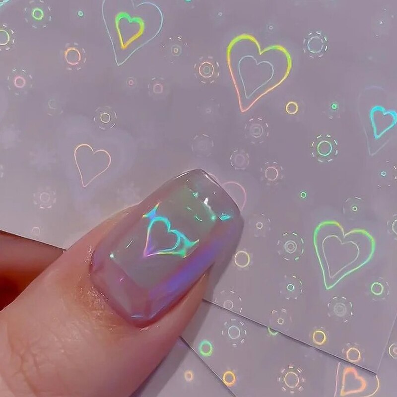 Dynamic Laser Heart Nail Art Sticker Aurora Shiny Gradient Love Star Pattern Glass Foil Film Adhesive Decals Nail Decoration 1PC