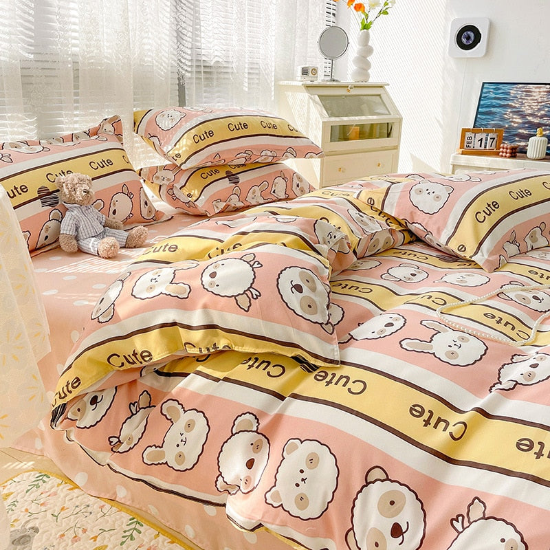 New Cartoon Foral Print Polyester Bedding Set Full Size Soft Thicken Duvet Cover Set with Flat Sheet Quilt Cover and Pillowcase