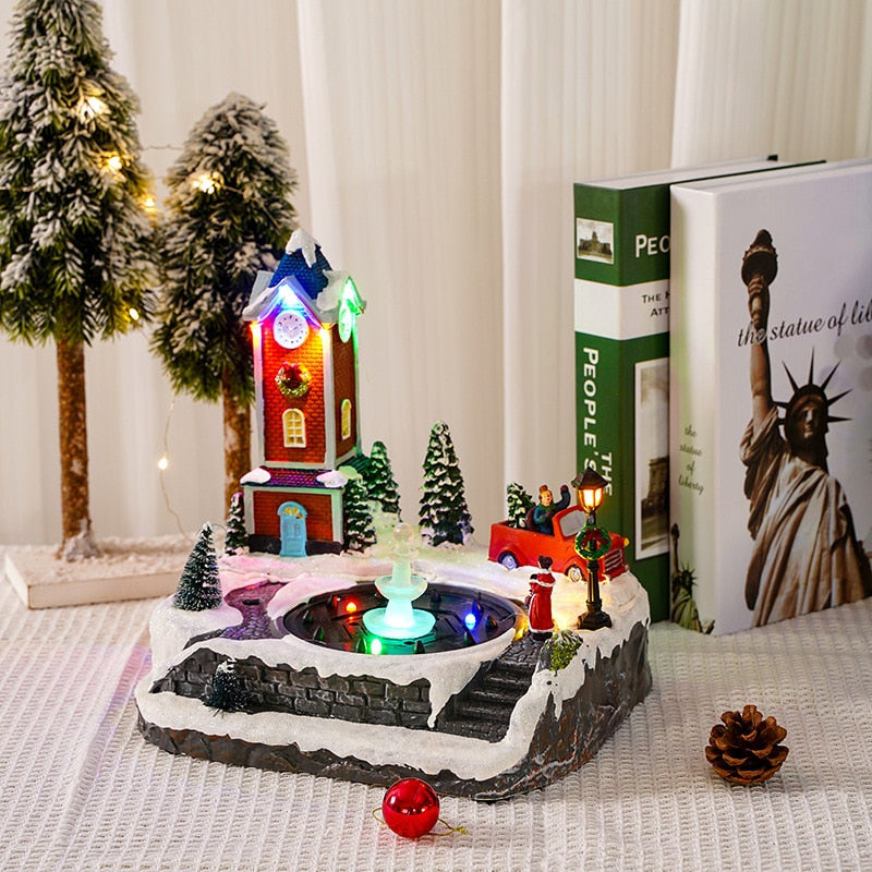 Water Fountain Luminous LED Light Up Music Christmas Village Ornaments Santa Claus Snow House Xmas Tree New Year Home Decoration