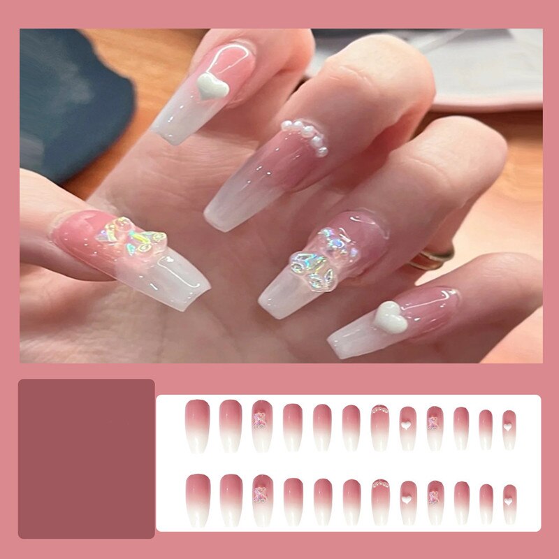 24Pcs Butterfly Print Fake Nails with Glue Long Coffin Nail Art Tips Artifical False Nails with Rhinestones Press on Nails