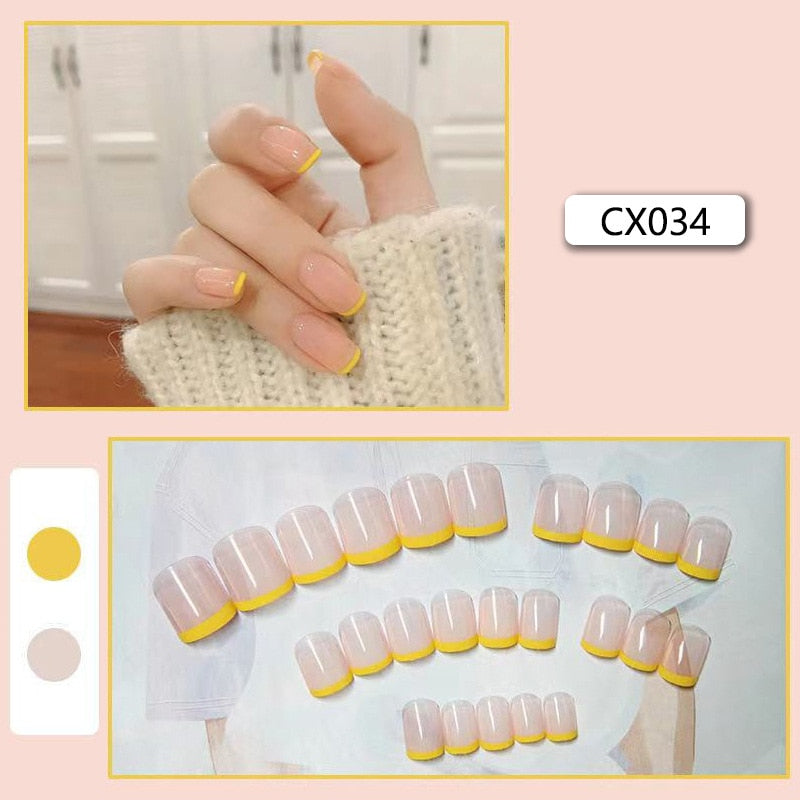 24pcs/box Fake Nails Press on Short Reusable with Designs Set French Artificial Pink kawaii False Tipsy Stick-on Nails Tips Art