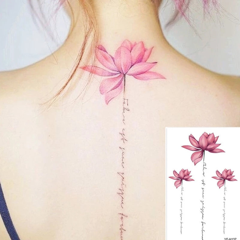 Waterproof Temporary Tattoo Sticker Hand Drawn Black and White Lotus Design Body Art Fake Tattoo Flash Tattoo Back Female Male