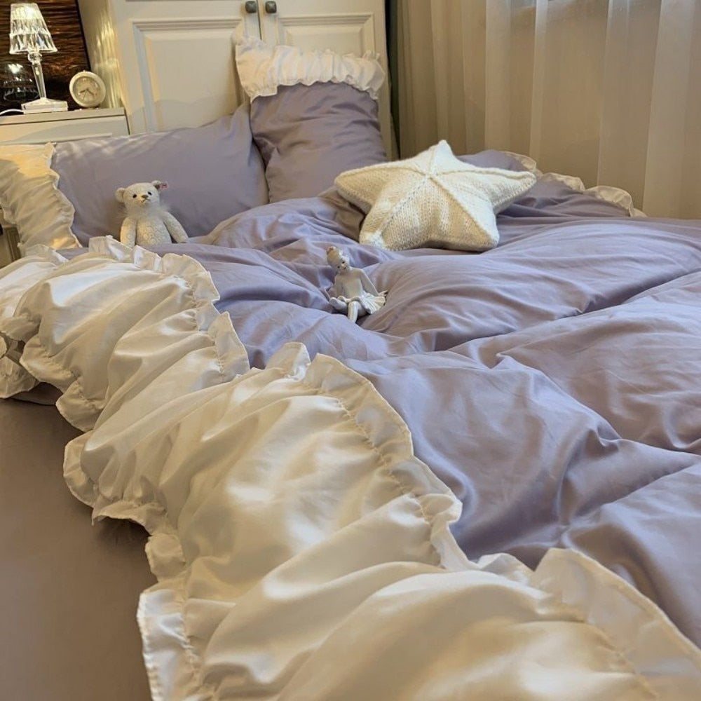 Korea Princess Wind Purple Dormitory Bedding Sets Kawaii Bed Sheet Duvet Cover 3/4 Pieces Home Decoration Washed Cotton 5 Colors