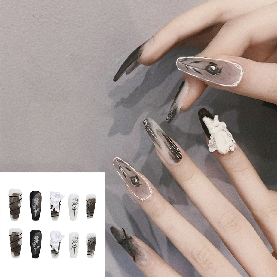 24pcs Long Coffin Acrylic Fake Nails Wearable Ballerina Rhinestone Butterfly Glitter Full Cover Nail Tips Set Press On Nails New