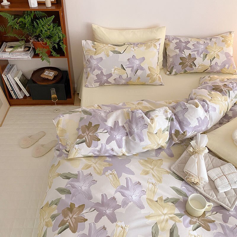 100% Cotton Lily Flower-covered Duvet Cover Single/Queen/King Size HomeTextile Bedsheet Quilt Cover Soft Luxury Bedding Set