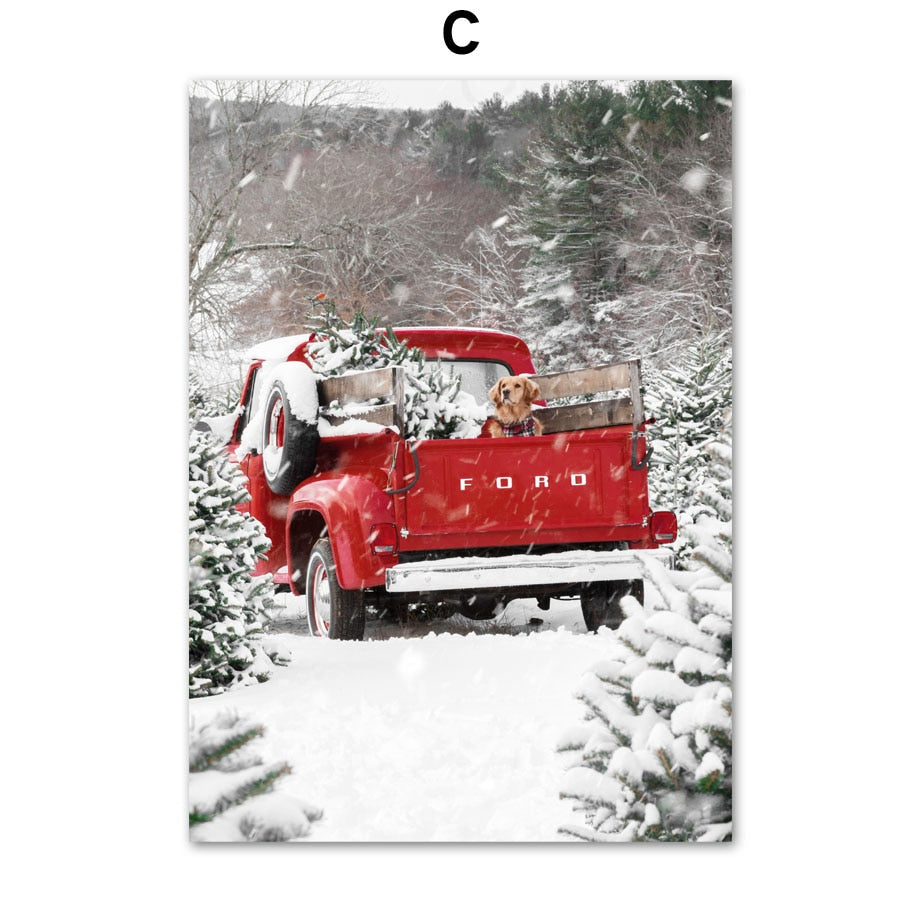 Christmas Winter Pine Squirrel Red Car Wall Art Canvas Painting Living Room Decoration Posters And Prints Home Wall Pictures