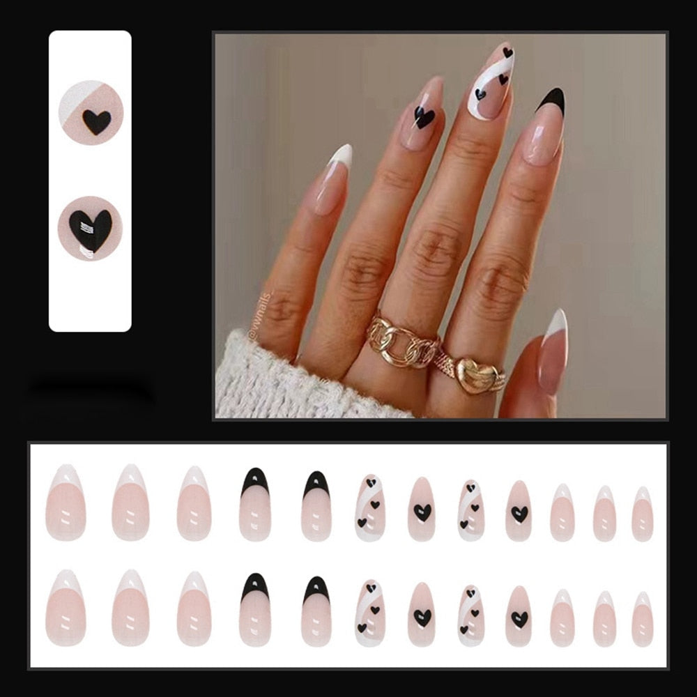 Simple French Wearable False Nails Almond Colorful Stripes Colorblock Design Manicure Fake Nails Line Full Cover Press On Nail