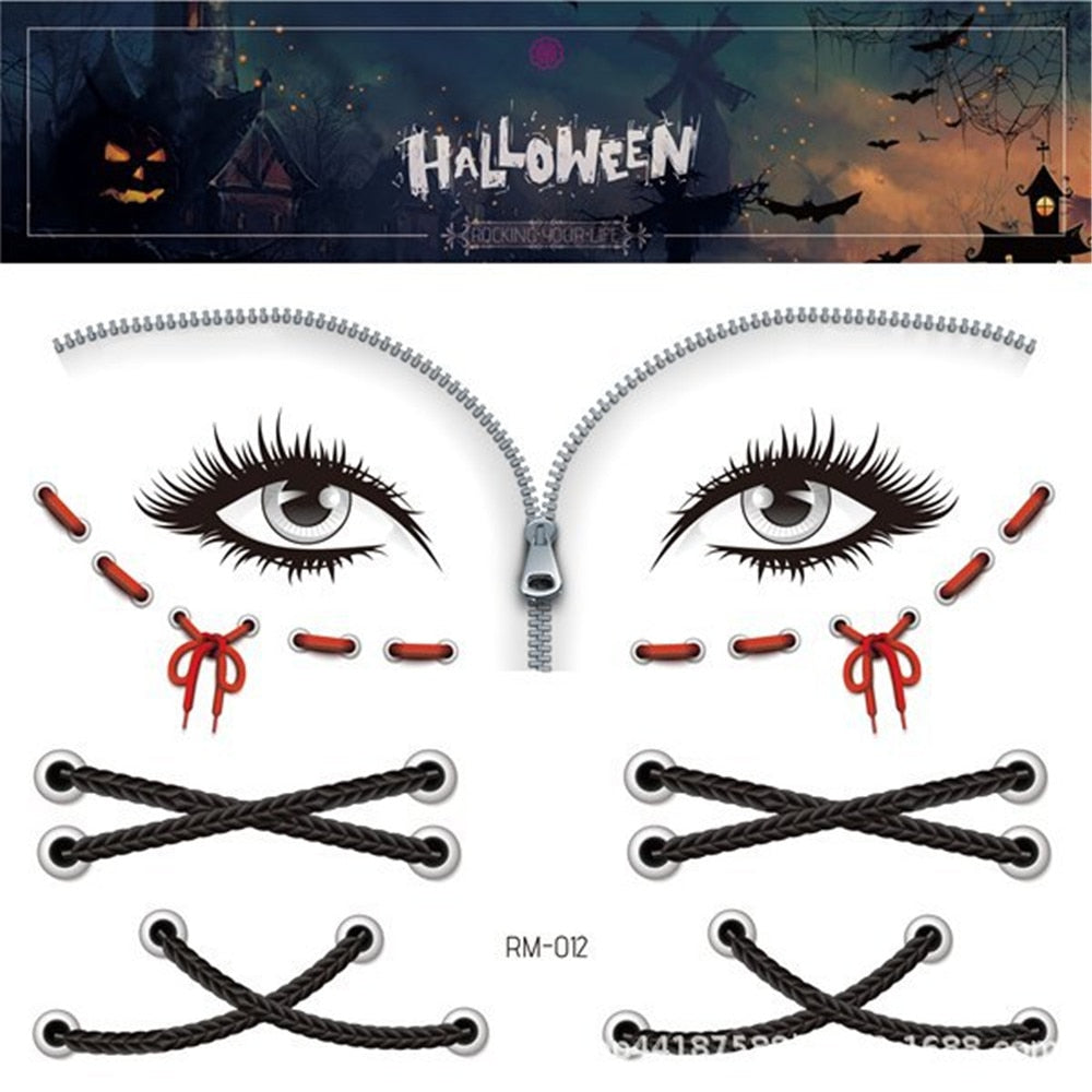 1set Halloween Tattoo Sticker for Face Fake Eyes Mouth Blood Scar 3D Spider Web Pattern Halloween Scary face sticker