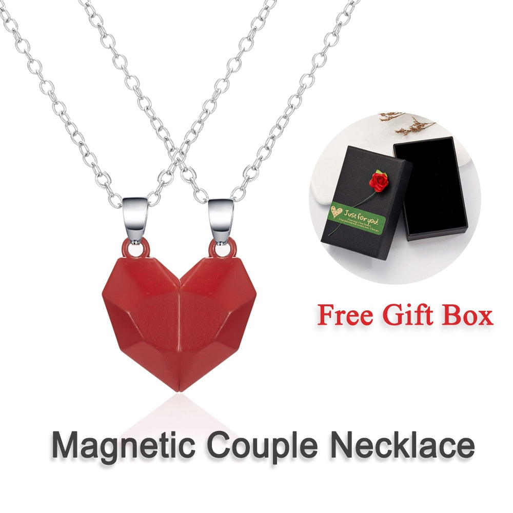 2Pcs/set Magnetic Couple Necklace Lovers Heart Black Red White Pendant Distance Faceted Charm Necklace Women Valentines Day Gift