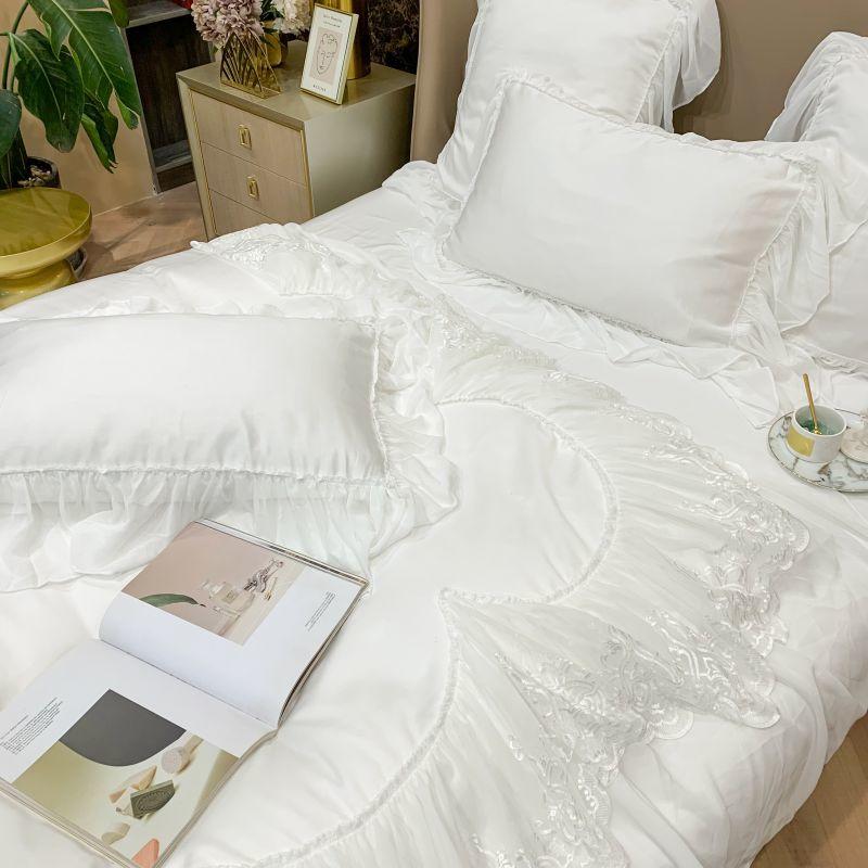 White Princess Wedding Bedding Set Luxury Romantic Lace Embroidery Ruffle Solid Color Duvet Cover Bed Sheet Linen Pillowcase