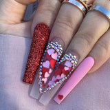 Rhinestones Splicing Heart Long Fake Nails Art Tips Press on Nail False For Extensionfake Nails With Glue Stickers Reusable Set