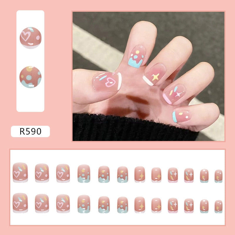 24Pcs/Set Short False Press on Nail Tip with Glue Designs Detachable Reusable Fake Nails with Glue Stick-on Nail Art DIY Tips