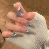 （Handmade Manicures）10 PCS Summer Ice Transparent Blue Love Heart Shell Fake Nail Sticker Finished Detachable Long T Section