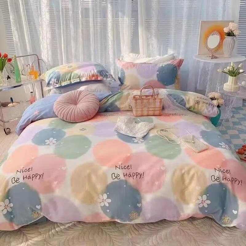 Korean Style Bedding Set Twin Queen Size Cute Cream Cherry Duvet Cover Flat Sheet Pillowcase Polyester Princess Girl Bed Linen