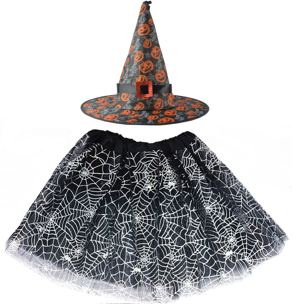 Halloween Costume for Kids Girls Spider Web Tutu Cobweb Skirt Witch Wizard Hat Tulle Carnival Birthday Party Outfits Festival