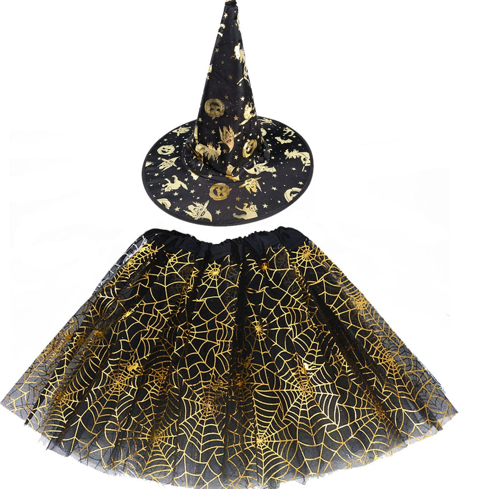 Halloween Costume for Kids Girls Spider Web Tutu Cobweb Skirt Witch Wizard Hat Tulle Carnival Birthday Party Outfits Festival