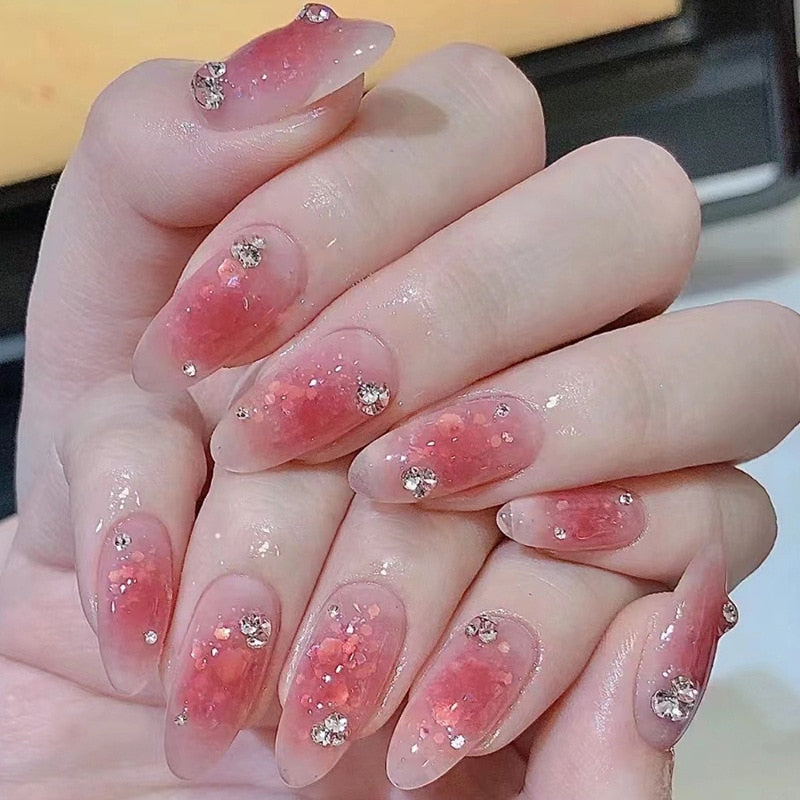24Pcs peach pink heart False Nails with glue Short Simple Nail Beauty tools Press on Fake Nails Full Cover Artificial Nails Tips