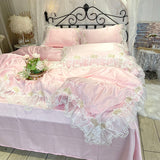Mircofiber French Lace Princess Bedding Set Soft Silky Nude Sleeping Pink Healthy Skin Quilt Cover Set Bed Sheet Pillowcases