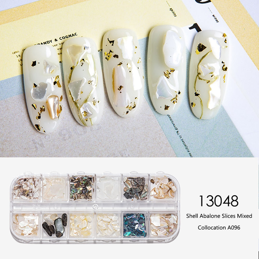 Shell Flakes Nail Art 1 Box 12 Holes Rhinestone 3D Mixed Color DIY Manicure Glitter Small Irregular Beads Nail Art Stone Decals