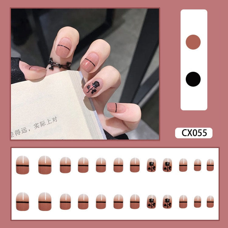 24pcs/box Fake Nails Press on Short Reusable with Designs Set French Artificial Pink kawaii False Tipsy Stick-on Nails Tips Art