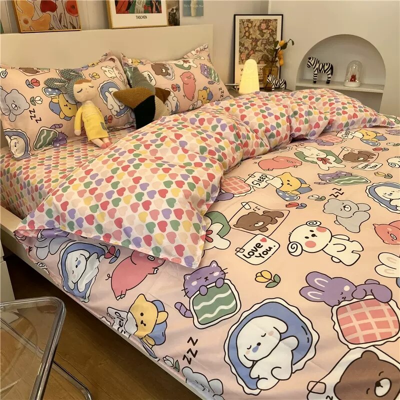 Cute White Duck Bedding Set Soft Home Textile Queen King Size Flat Bed Sheet Polyester Quilt Cover Pillowcase Kawaii Duvet Cover