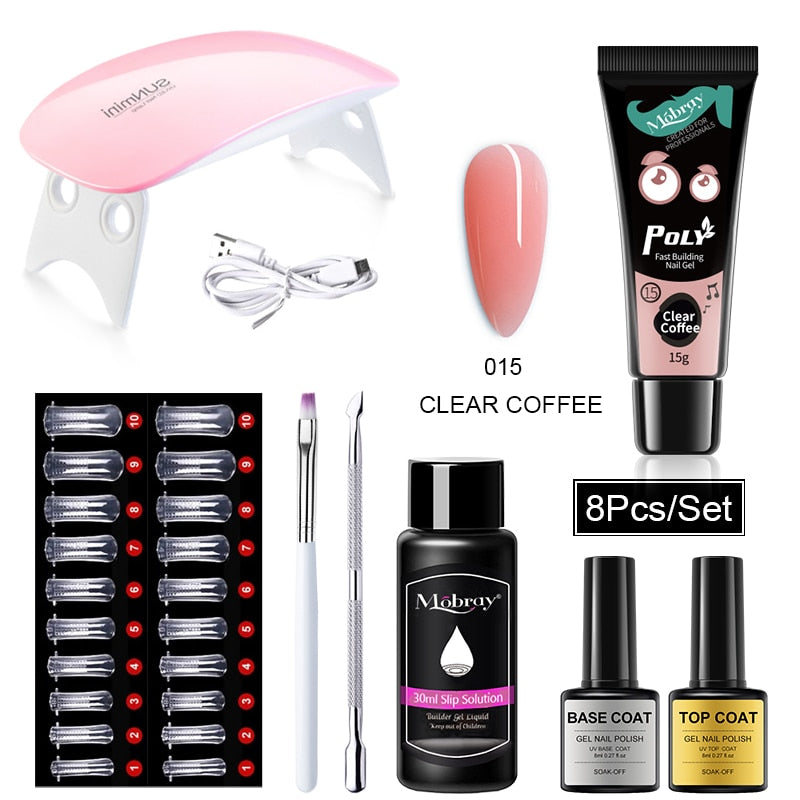 Poly Nail Gel Kit UV LED Nail lamp Nail Extension Gel Glitter Soak Off Varnish Nail Art Set with Slip Solution Manicure Tools