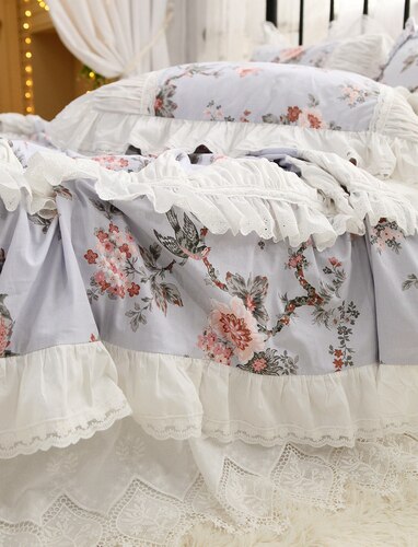 New French Countryside Garden Flowers and Birds bedding set Cotton ruffle lace duvet cover bed sheet set Bedding Sets for queen