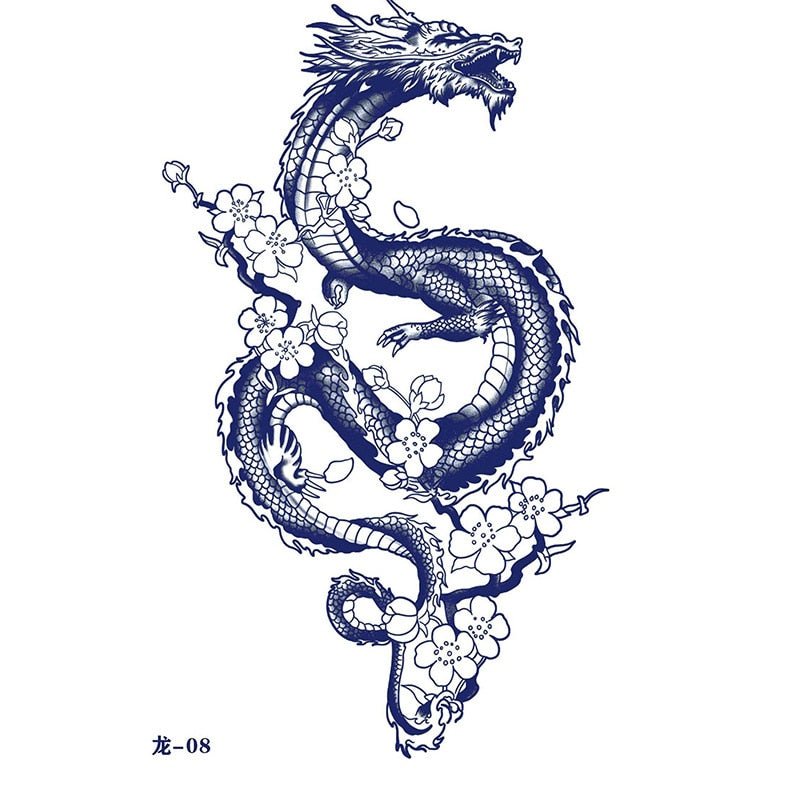 Waterproof Temporary Tattoo Sticker Japanese Style Black White Flame Dragon Body Art Fake Tattoo Flash Tattoo Arm Female Male