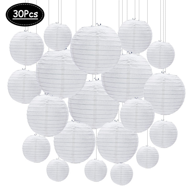 30pcs/lot 4''-12'' White Chinese Paper Lanterns Ball Hanging Round Lantern for Wedding Birthday Party Event Christmas Decoration