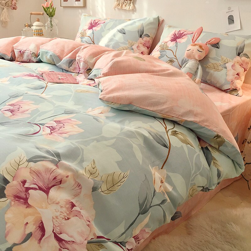 Vintage 100% Cotton Bed 4PCS Set of Textile Supplies Floral Luxury Pillowcase Sheet Quilt Cover 200x230cm Double Bed Single Bed