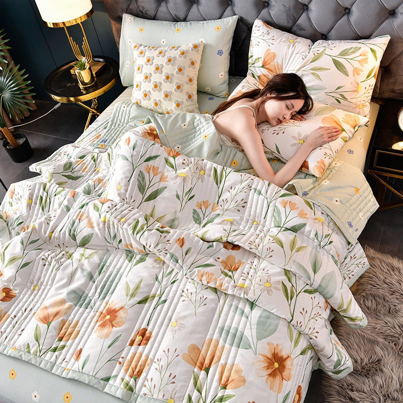 Print Summer Autumn Quilted Quilt Queen Size Soft Comfortable Think Quilts Washable Single Double Blanket for Bed Comforter 1.5