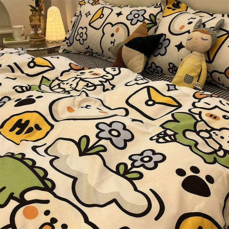 Ins Cartoon Sheep Flowers Bedding Set Duvet Cover Soft Queen King Size Flat Bed Sheet Quilt Cover Pillowcase Kawaii