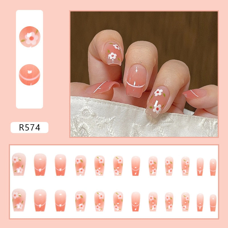 24Pcs/Set Short False Press on Nail Tip with Glue Designs Detachable Reusable Fake Nails with Glue Stick-on Nail Art DIY Tips