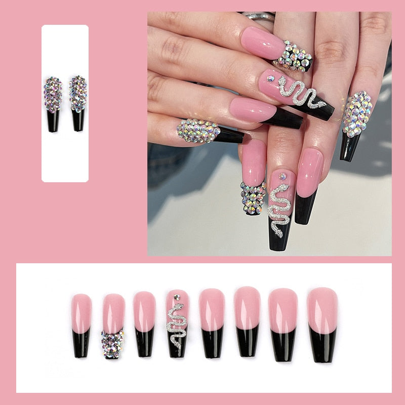 24pcs False Nails Nude Gradient Nail Patch Rhinestone Inlaid Press On Nails Removable Long Paragraph Fashion Manicure nail tips